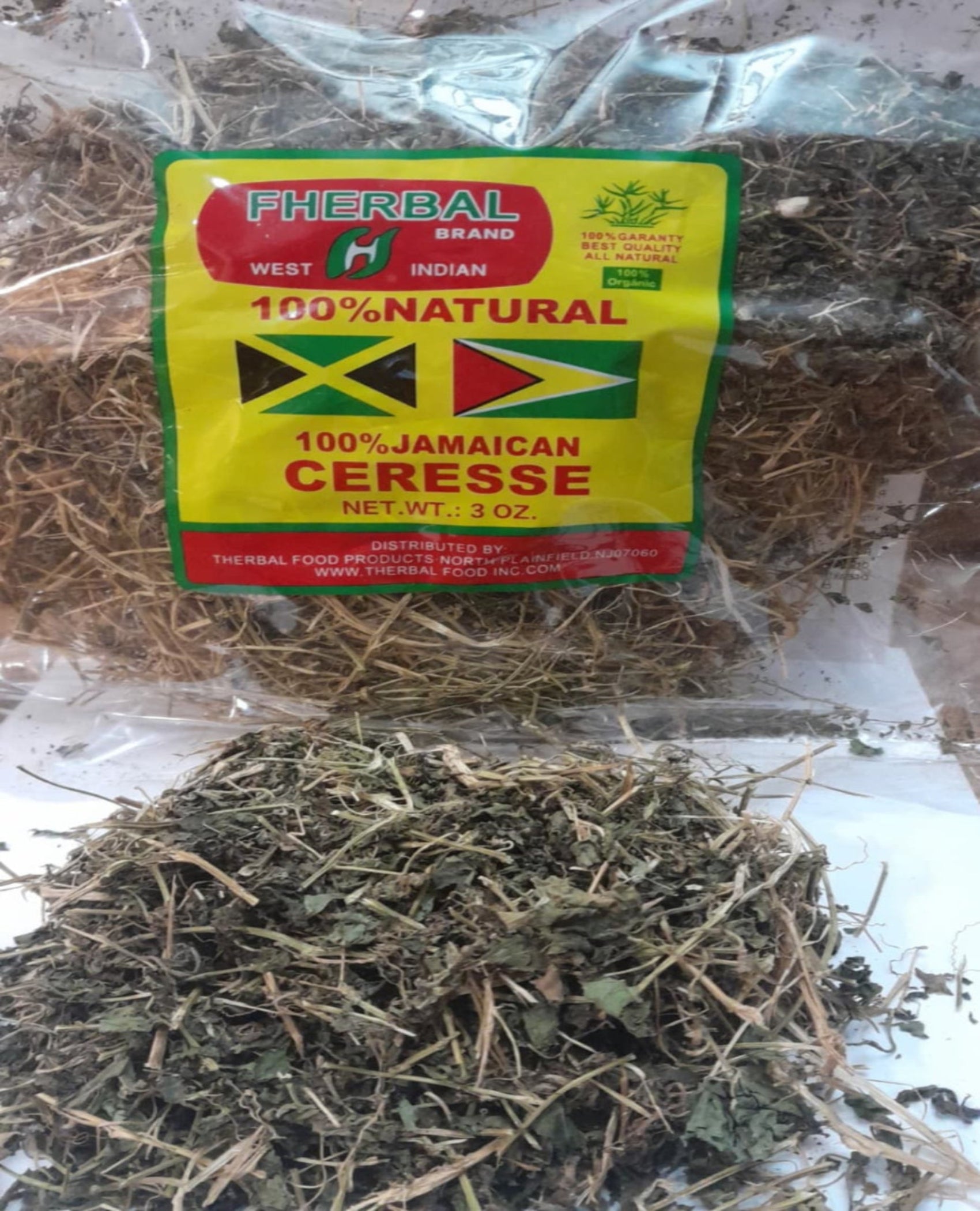Herbal product with a Jamaican flag label on a white background