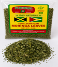 Packaged 100% Jamaican Moringa Leaves with a visible brand label on a white background