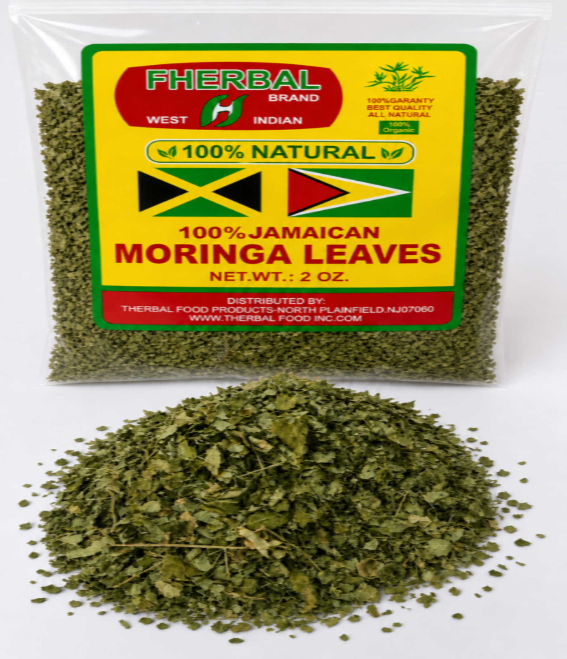 Packaged 100% Jamaican Moringa Leaves with a visible brand label on a white background